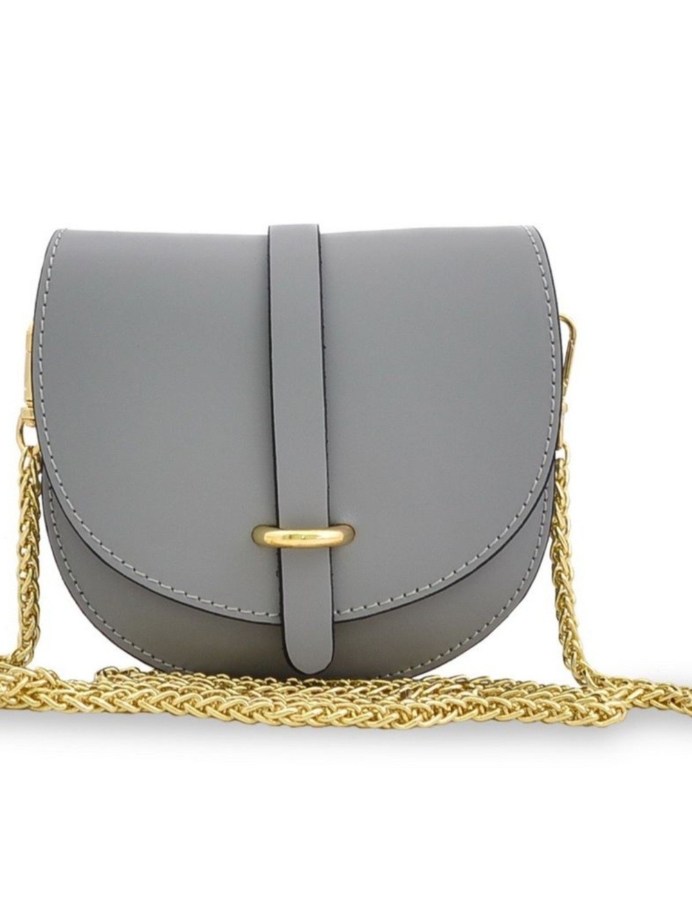 Vera Pelle Made in Italy Gray Leather Saddle Crossbody Bag Gold Chain Mini